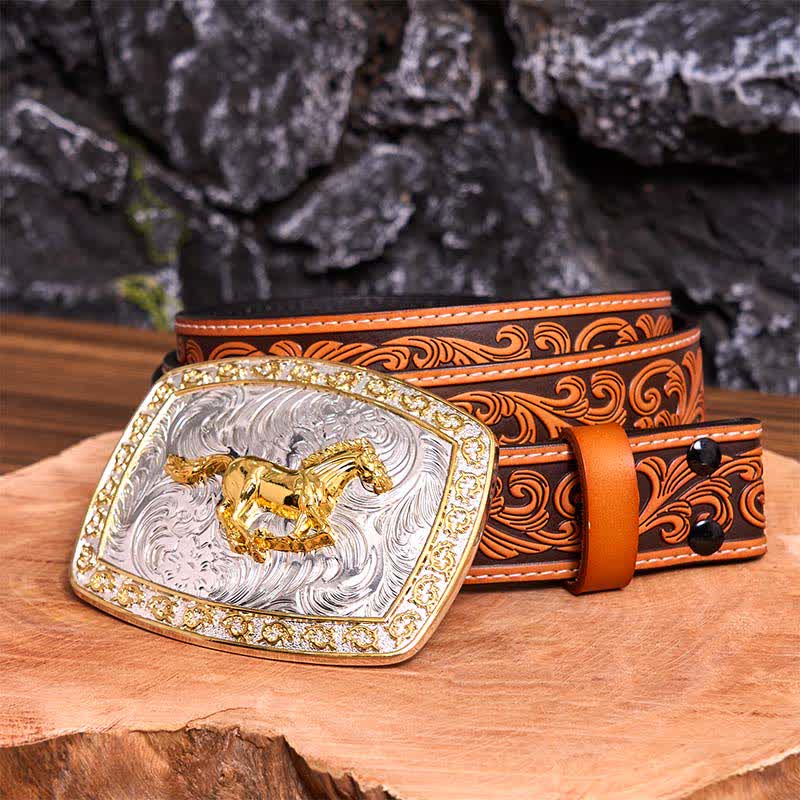 Cintura in pelle con fibbia grande fai da te a forma di cavallo in corsa in oro e argento - Cavallo in corsa - Cintura floreale in rilievo arancione - 42 - image 9