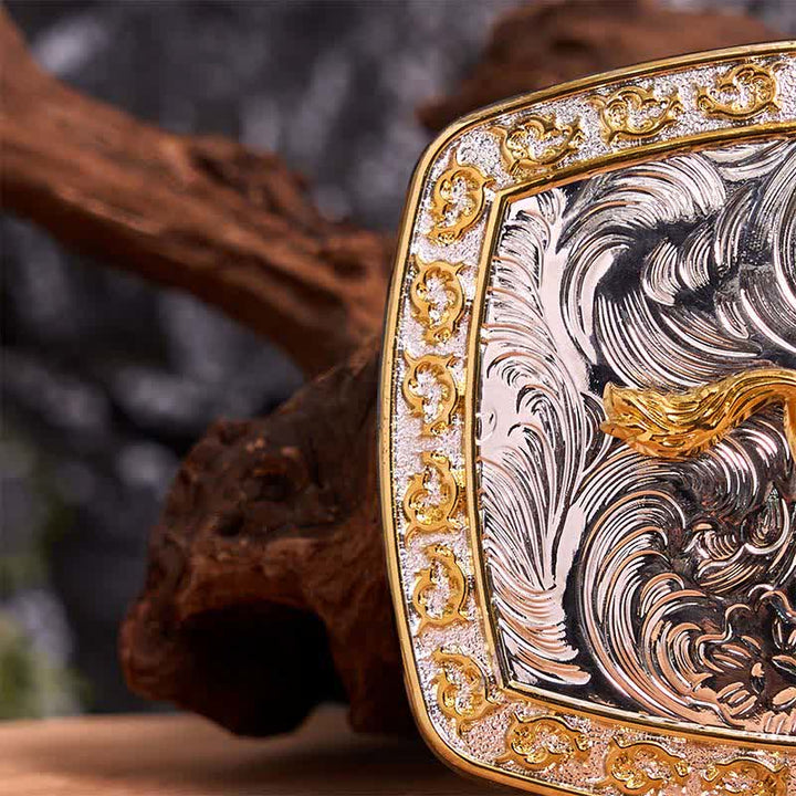 Cintura in pelle con fibbia grande fai da te a forma di cavallo in corsa in oro e argento - image 4
