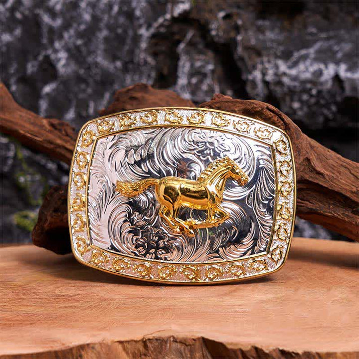Cintura in pelle con fibbia grande fai da te a forma di cavallo in corsa in oro e argento - Cavallo in corsa - Senza cintura - Cintura non inclusa - image 0
