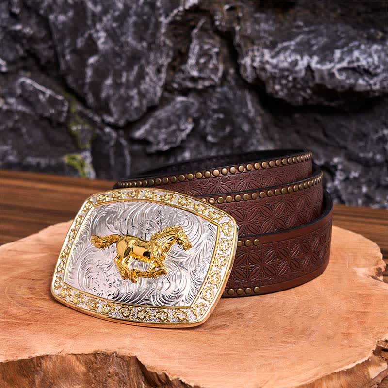 Cintura in pelle con fibbia grande fai da te a forma di cavallo in corsa in oro e argento - Cavallo in corsa - Cintura con rivetti marroni - 42 - image 7