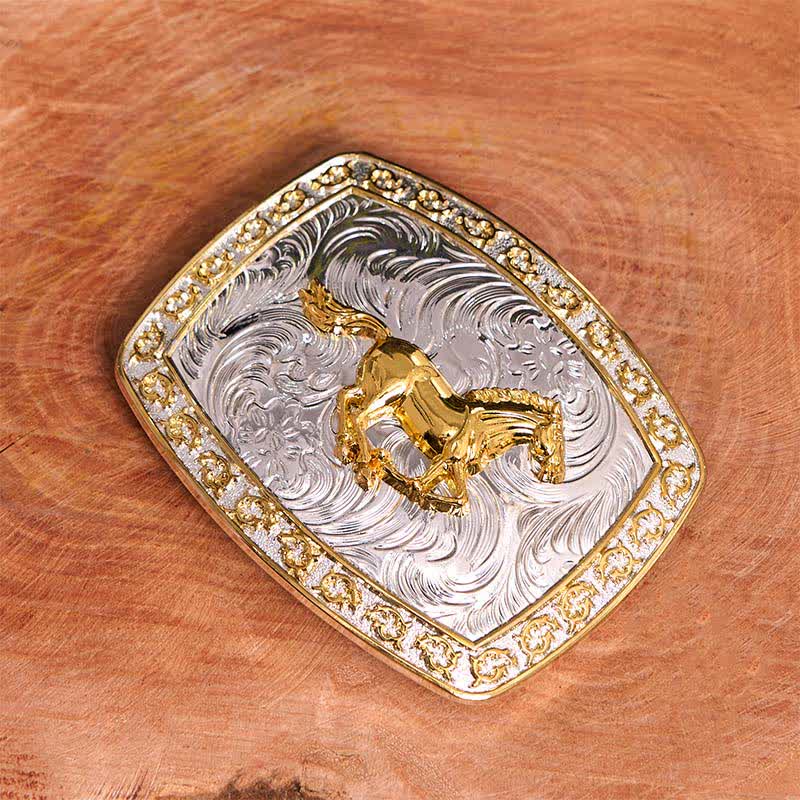 Cintura in pelle con fibbia grande fai da te a forma di cavallo in corsa in oro e argento - image 1