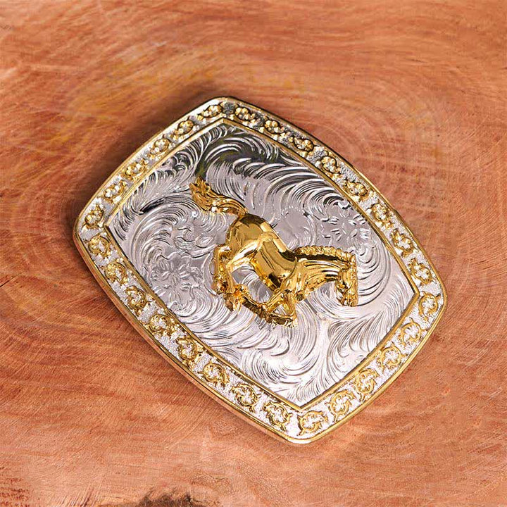 Cintura in pelle con fibbia grande fai da te a forma di cavallo in corsa in oro e argento - image 1