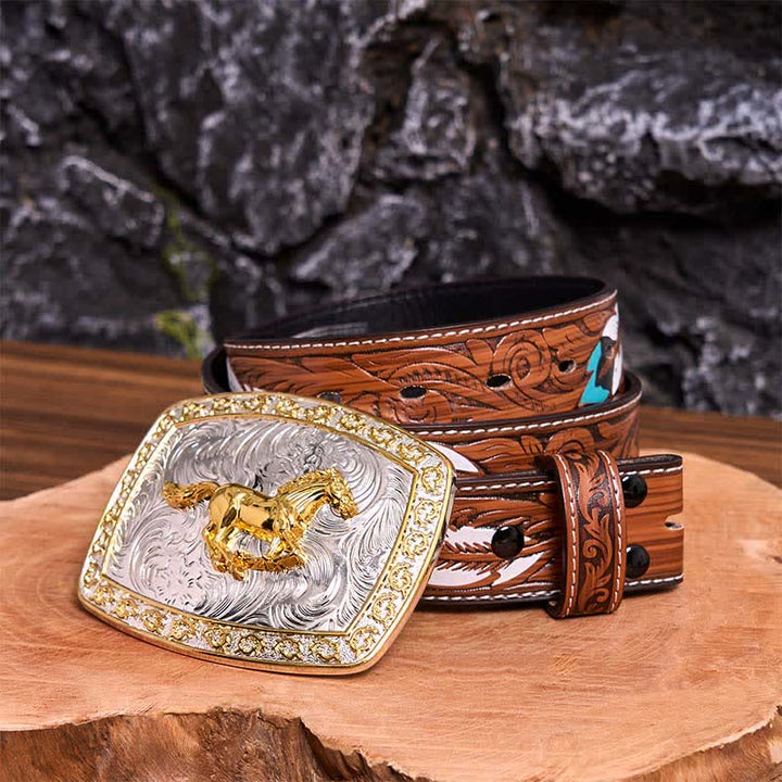 Cintura in pelle con fibbia grande fai da te a forma di cavallo in corsa in oro e argento - Cavallo in corsa - Cintura di piume marroni - 40 - image 10