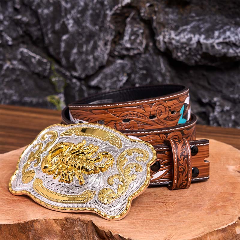 Cintura in pelle con fibbia fai da te con motivo floreale Scorpione in argento dorato - Scorpion - Cintura di piume marroni - 40 - image 10