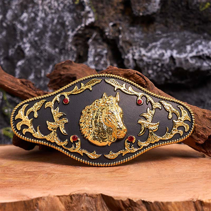 Cintura in pelle con fibbia fai da te a forma di testa di cavallo nera e oro - Testa di cavallo nera e oro - Senza cintura - Cintura non inclusa - image 0