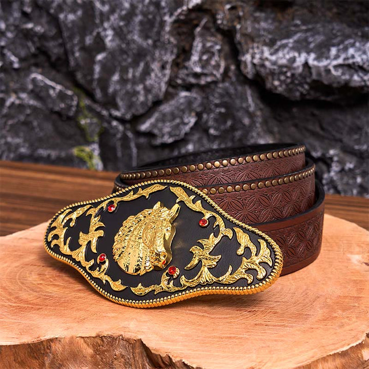 Cintura in pelle con fibbia fai da te a forma di testa di cavallo nera e oro - Testa di cavallo nera e oro - Cintura con rivetti marroni - 42 - image 7
