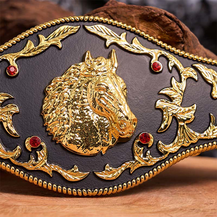 Cintura in pelle con fibbia fai da te a forma di testa di cavallo nera e oro - image 3