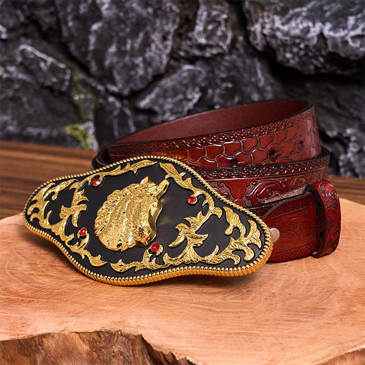 Cintura in pelle con fibbia fai da te a forma di testa di cavallo nera e oro - Testa di cavallo nera e oro - Cintura marrone intagliata - 42 - image 9