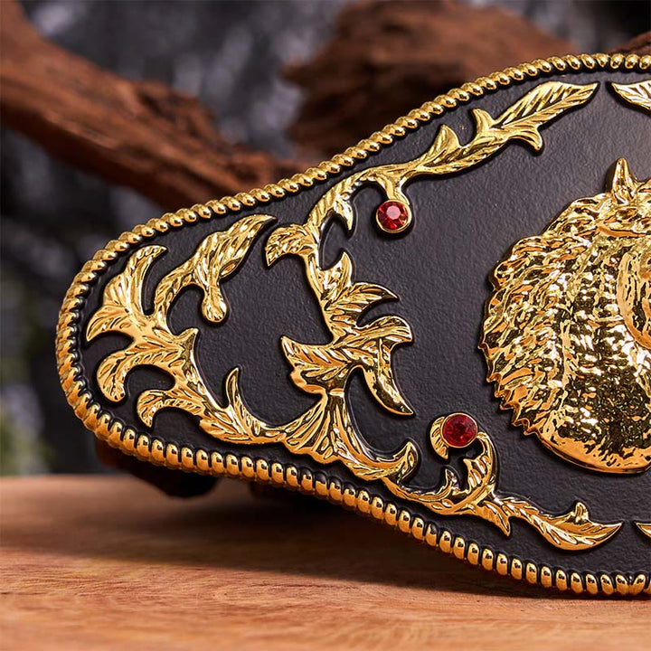 Cintura in pelle con fibbia fai da te a forma di testa di cavallo nera e oro - image 4