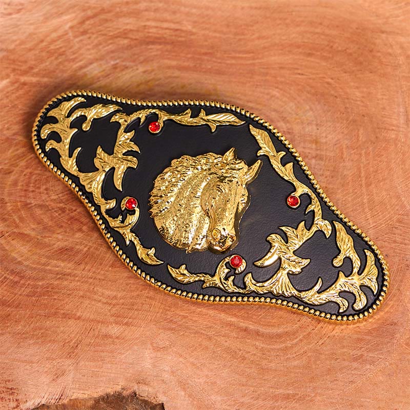 Cintura in pelle con fibbia fai da te a forma di testa di cavallo nera e oro - image 1
