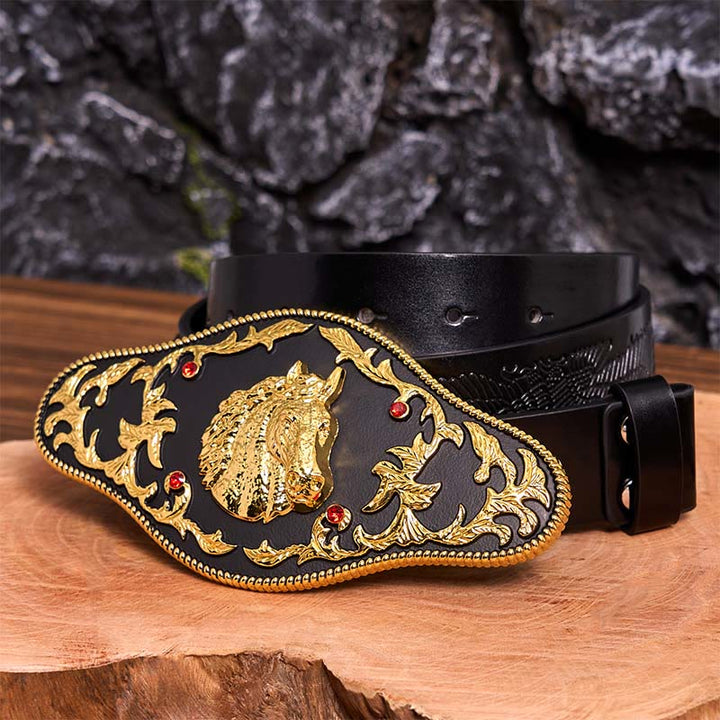 Cintura in pelle con fibbia fai da te a forma di testa di cavallo nera e oro - Testa di cavallo nera e oro - Cintura aquila nera in rilievo - 42 - image 5