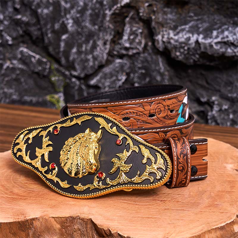 Cintura in pelle con fibbia fai da te a forma di testa di cavallo nera e oro - Testa di cavallo nera e oro - Cintura di piume marroni - 40 - image 10