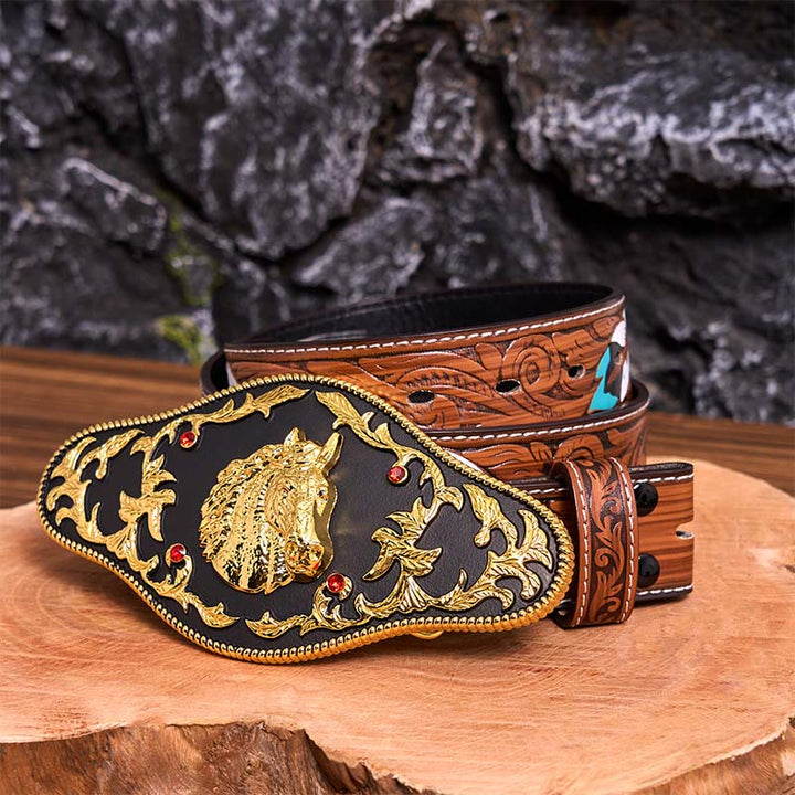 Cintura in pelle con fibbia fai da te a forma di testa di cavallo nera e oro - Testa di cavallo nera e oro - Cintura di piume marroni - 40 - image 10