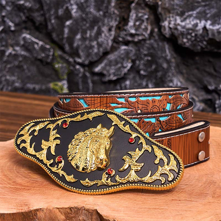 Cintura in pelle con fibbia fai da te a forma di testa di cavallo nera e oro - Testa di cavallo nera e oro - Cintura intagliata turchese - 42 - image 6
