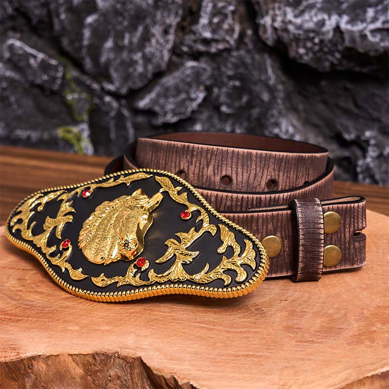 Cintura in pelle con fibbia fai da te a forma di testa di cavallo nera e oro - Testa di cavallo nera e oro - Cintura marrone anticata - 42 - image 8
