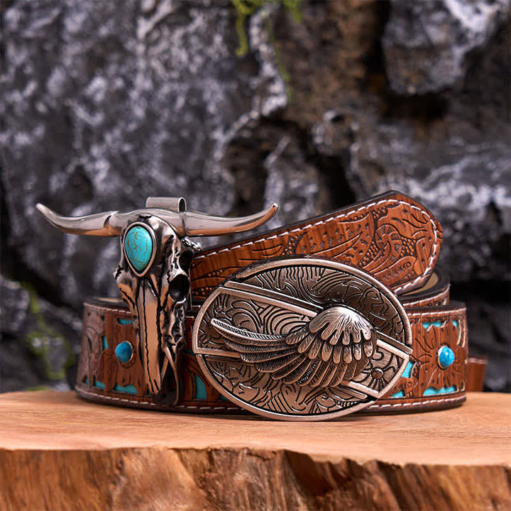 Set di ciondoli a forma di toro longhorn turchese con fibbia per cintura fai da te con coltello nascosto e ali d'angelo - Ala - Cintura intagliata turchese - 42 - image 0