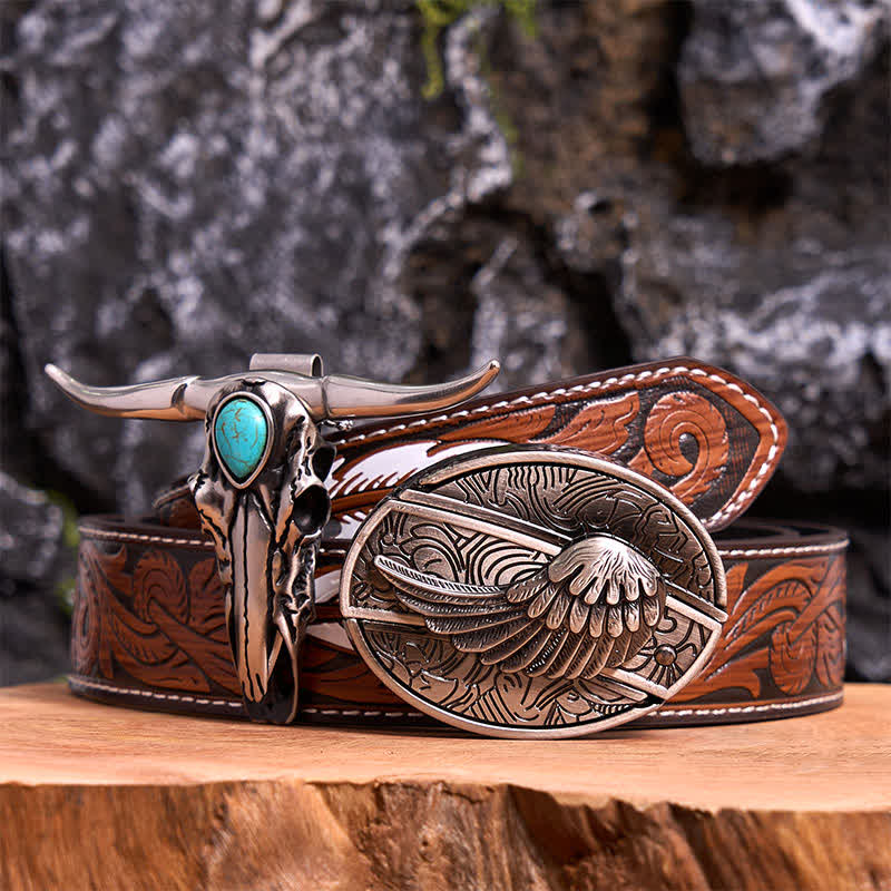Set di ciondoli a forma di toro longhorn turchese con fibbia per cintura fai da te con coltello nascosto e ali d'angelo - Ala - Cintura di piume marroni - 40 - image 8
