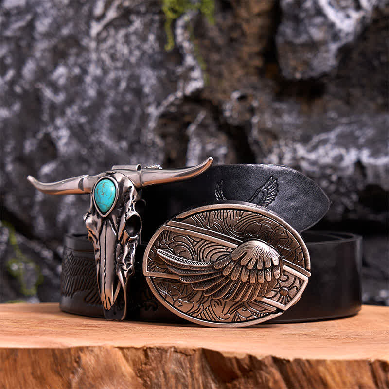 Set di ciondoli a forma di toro longhorn turchese con fibbia per cintura fai da te con coltello nascosto e ali d'angelo - Ala - Cintura con aquila in rilievo nera - 42 - image 4