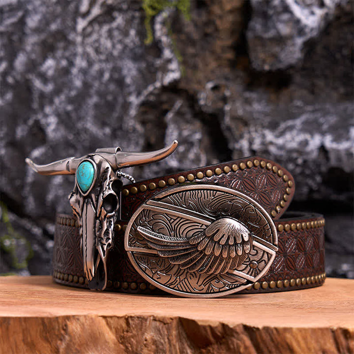Set di ciondoli a forma di toro longhorn turchese con fibbia per cintura fai da te con coltello nascosto e ali d'angelo - Ala - Cintura con rivetti marroni - 42 - image 5