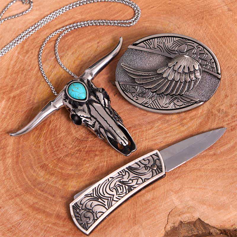 Set di ciondoli a forma di toro longhorn turchese con fibbia per cintura fai da te con coltello nascosto e ali d'angelo - image 3