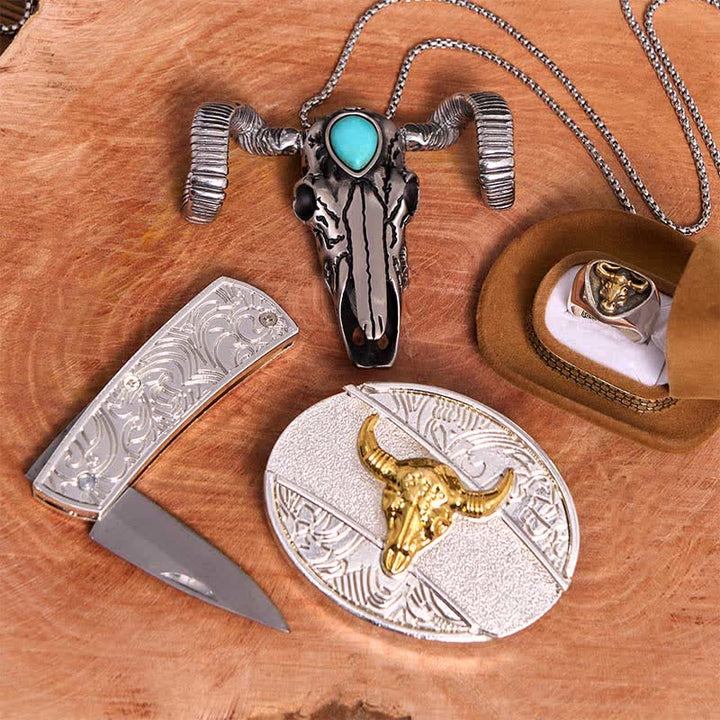 Set di ciondoli a forma di pecora con teschio turchese e fibbia per cintura fai da te con coltello nascosto Gold Bull - image 2