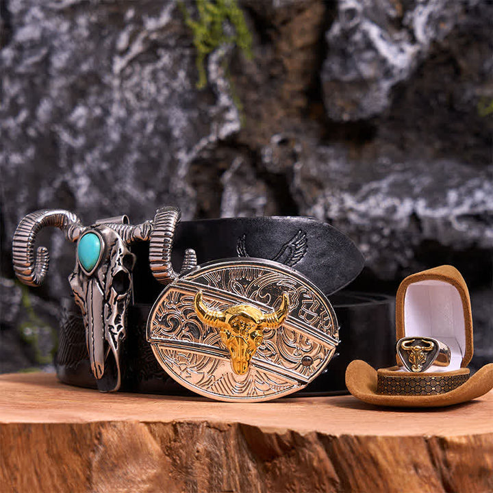 Set di ciondoli a forma di pecora con teschio turchese e fibbia per cintura fai da te con coltello nascosto Gold Bull - Toro d'oro - Cintura con aquila in rilievo nera - 42 - image 4