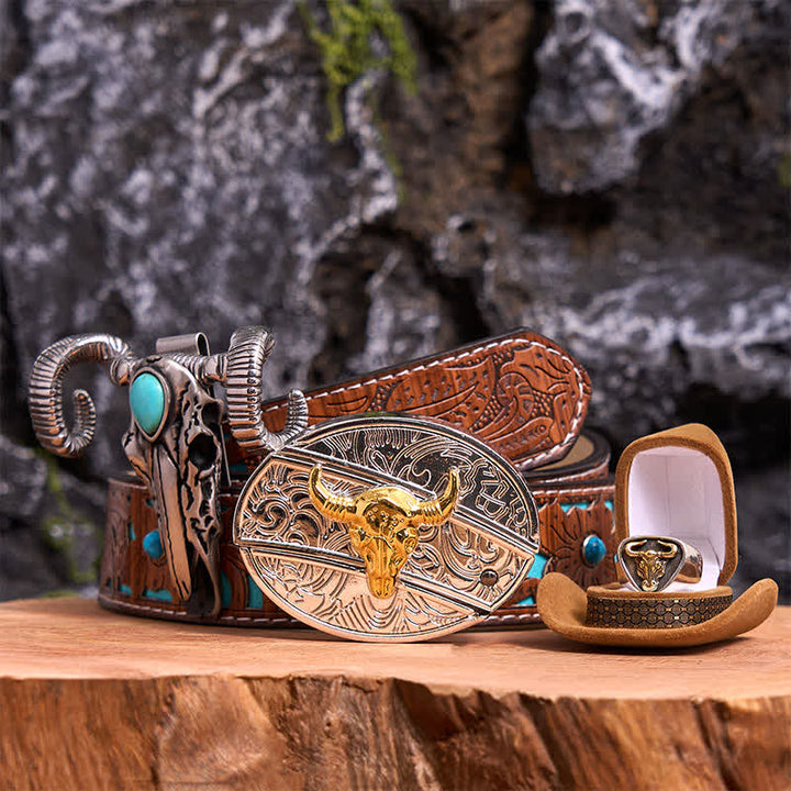 Set di ciondoli a forma di pecora con teschio turchese e fibbia per cintura fai da te con coltello nascosto Gold Bull - Toro d'oro - Cintura intagliata turchese - 42 - image 0
