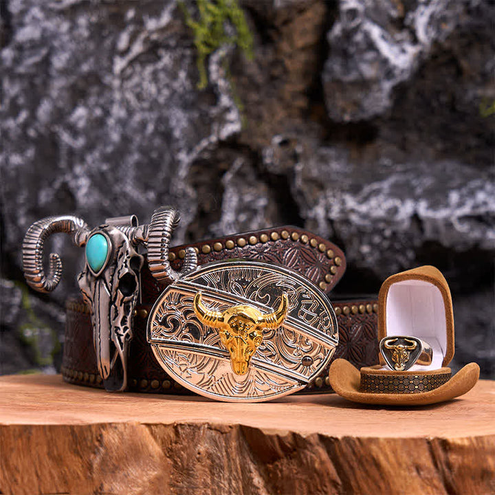 Set di ciondoli a forma di pecora con teschio turchese e fibbia per cintura fai da te con coltello nascosto Gold Bull - Toro d'oro - Cintura con rivetti marroni - 42 - image 5
