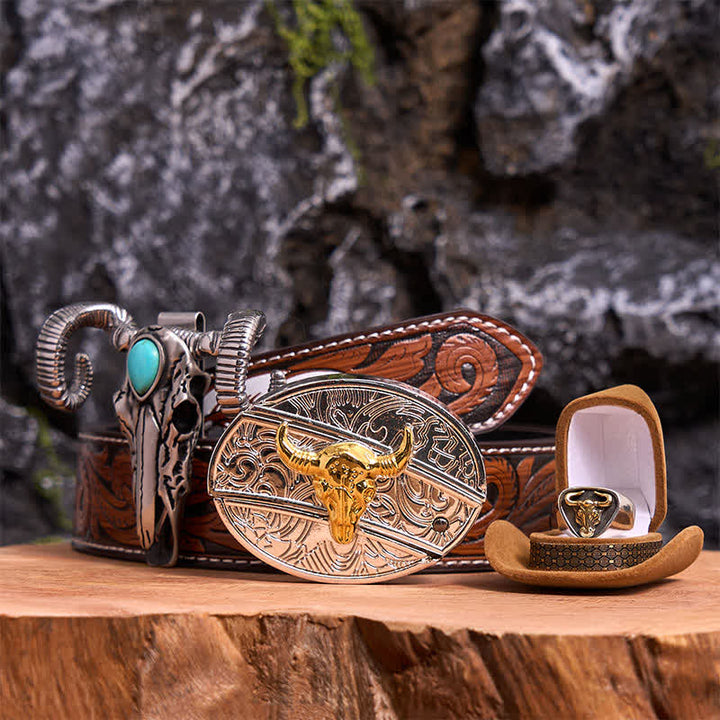 Set di ciondoli a forma di pecora con teschio turchese e fibbia per cintura fai da te con coltello nascosto Gold Bull - Toro d'oro - Cintura di piume marroni - 40 - image 7