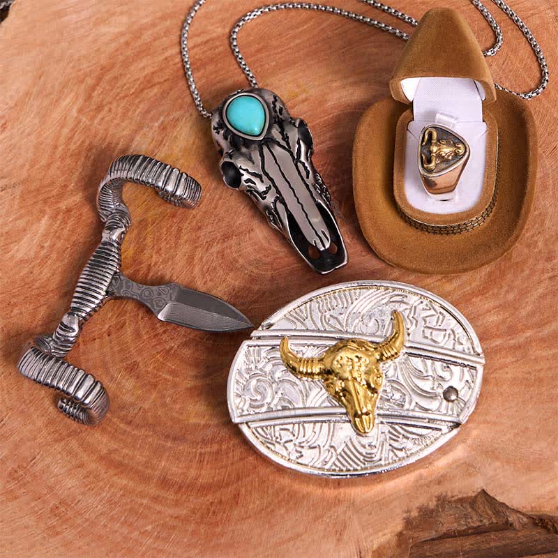 Set di ciondoli a forma di pecora con teschio turchese e fibbia per cintura fai da te con coltello nascosto Gold Bull - image 3