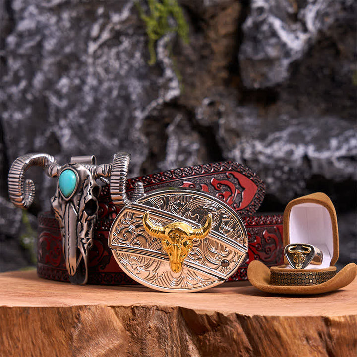 Set di ciondoli a forma di pecora con teschio turchese e fibbia per cintura fai da te con coltello nascosto Gold Bull - Toro d'oro - Cintura marrone intagliata - 42 - image 6
