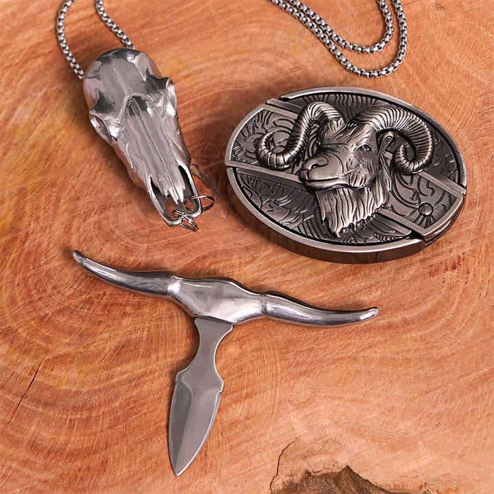 Set di collana con ciondolo a forma di croce con fibbia per cintura con coltello nascosto fai da te a forma di corno di capra - image 2