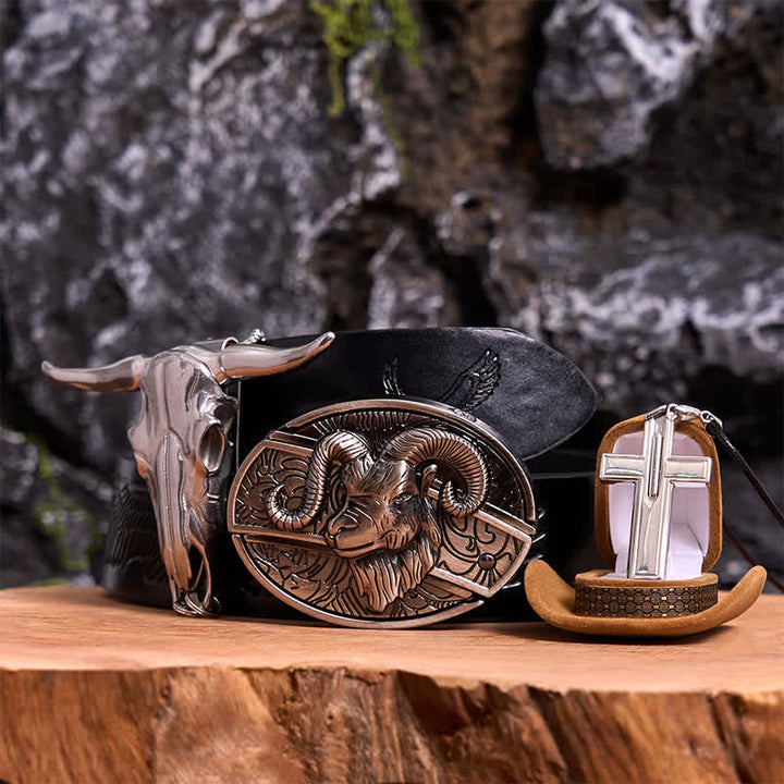 Set di collana con ciondolo a forma di croce con fibbia per cintura con coltello nascosto fai da te a forma di corno di capra - Capra - Cintura con aquila in rilievo nera - 42 - image 0
