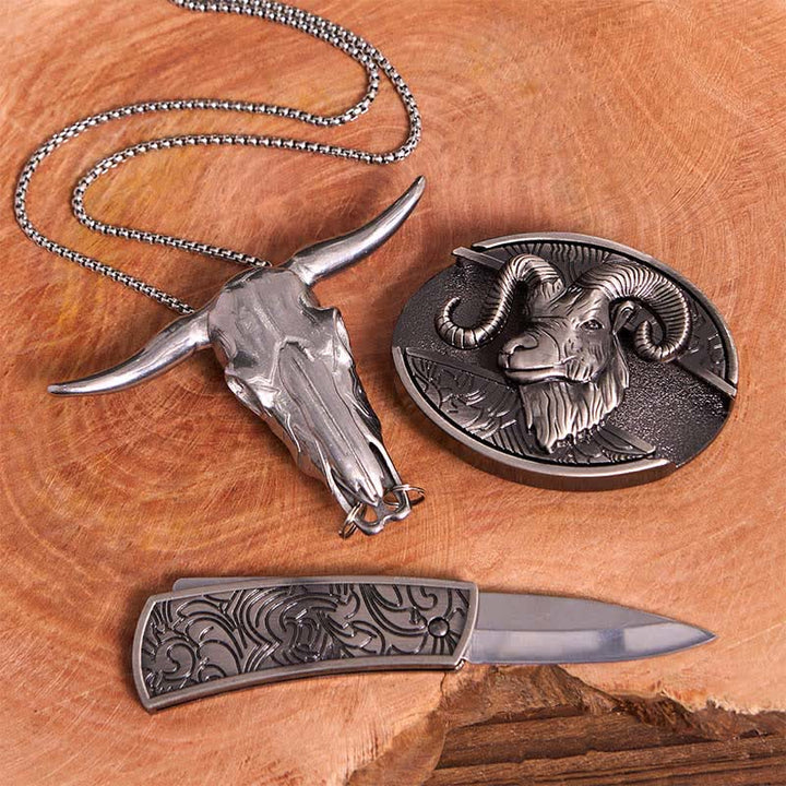 Set di collana con ciondolo a forma di croce con fibbia per cintura con coltello nascosto fai da te a forma di corno di capra - image 3