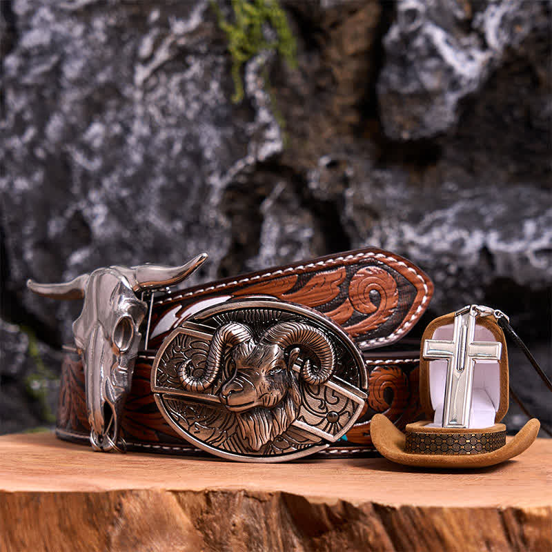 Set di collana con ciondolo a forma di croce con fibbia per cintura con coltello nascosto fai da te a forma di corno di capra - Capra - Cintura di piume marroni - 40 - image 8