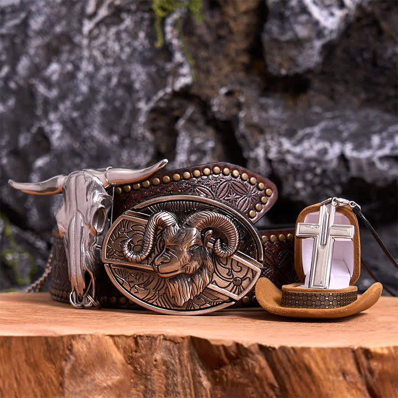 Set di collana con ciondolo a forma di croce con fibbia per cintura con coltello nascosto fai da te a forma di corno di capra - Capra - Cintura con rivetti marroni - 42 - image 5