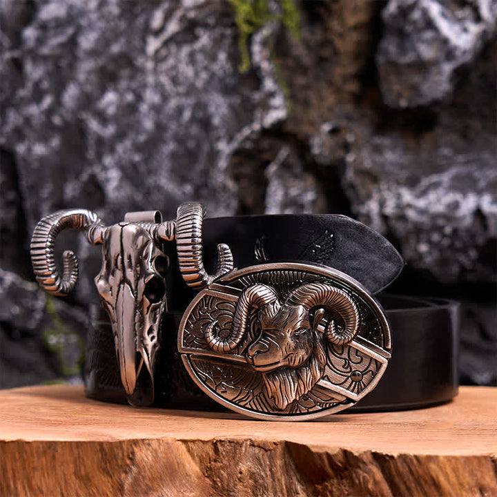 Set di ciondoli a forma di pecora con teschio e fibbia per cintura con coltello nascosto fai da te a forma di capra - Capra - Cintura con aquila in rilievo nera - 42 - image 0