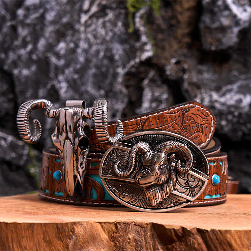 Set di ciondoli a forma di pecora con teschio e fibbia per cintura con coltello nascosto fai da te a forma di capra - Capra - Cintura intagliata turchese - 42 - image 3