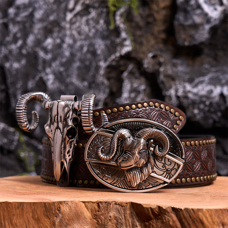 Set di ciondoli a forma di pecora con teschio e fibbia per cintura con coltello nascosto fai da te a forma di capra - Capra - Cintura con rivetti marroni - 42 - image 4