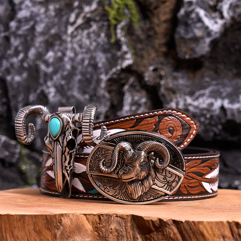 Set di ciondoli a forma di pecora con teschio turchese e fibbia per cintura con coltello nascosto fai da te a forma di capra - Capra - Cintura di piume marroni - 40 - image 7