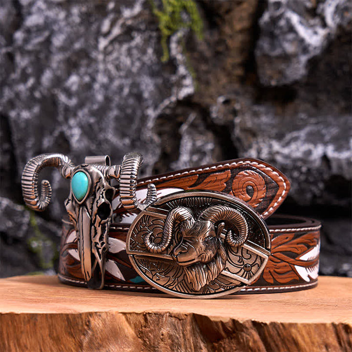 Set di ciondoli a forma di pecora con teschio turchese e fibbia per cintura con coltello nascosto fai da te a forma di capra - Capra - Cintura di piume marroni - 40 - image 7
