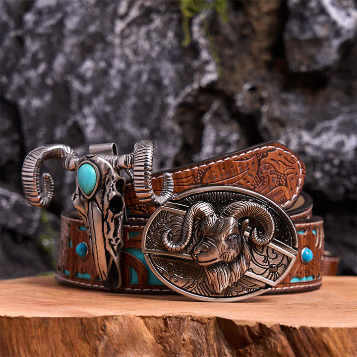 Set di ciondoli a forma di pecora con teschio turchese e fibbia per cintura con coltello nascosto fai da te a forma di capra - Capra - Cintura intagliata turchese - 42 - image 3