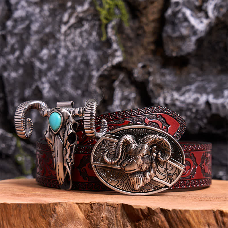Set di ciondoli a forma di pecora con teschio turchese e fibbia per cintura con coltello nascosto fai da te a forma di capra - Capra - Cintura marrone intagliata - 42 - image 6