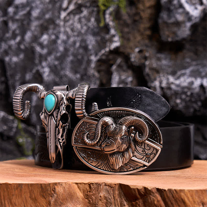 Set di ciondoli a forma di pecora con teschio turchese e fibbia per cintura con coltello nascosto fai da te a forma di capra - Capra - Cintura con aquila in rilievo nera - 42 - image 0