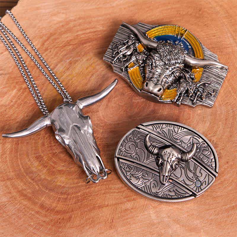 Set di ciondoli con fibbia per cintura fai da te con coltello nascosto a tema Longhorn Bull - Toro dalle corna lunghe - Senza cintura - Cintura non inclusa - image 1