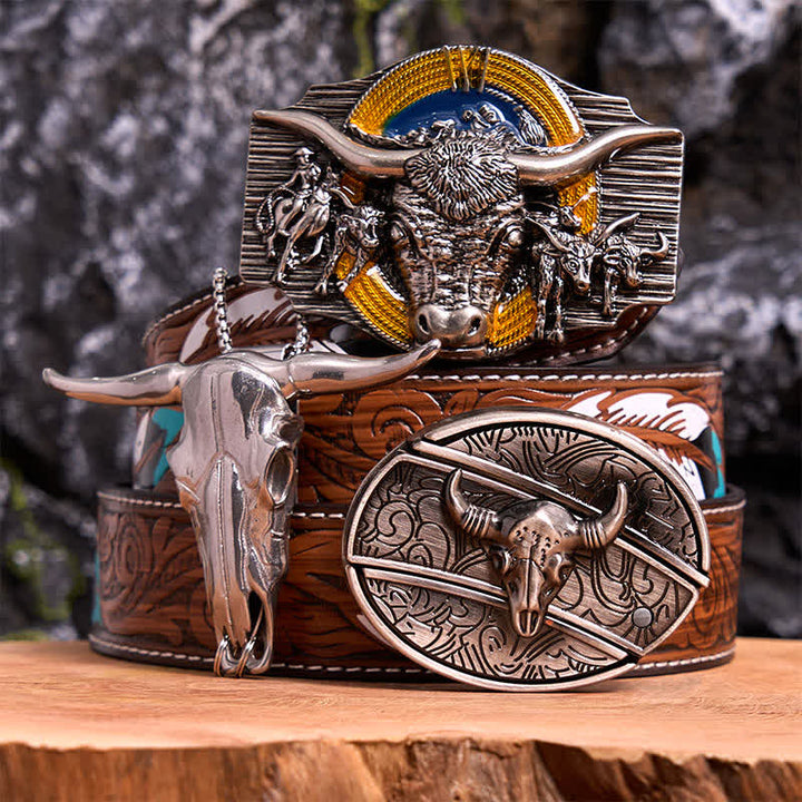 Set di ciondoli con fibbia per cintura fai da te con coltello nascosto a tema Longhorn Bull - Toro dalle corna lunghe - Cintura di piume marroni - 40 - image 8