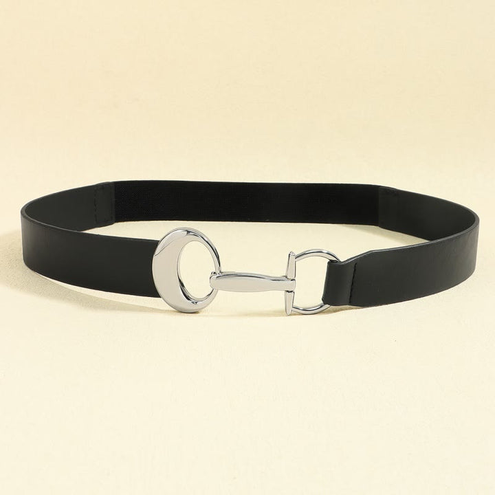 Cintura da donna con fibbia a ferro di cavallo, semplice cintura in pelle - Nero/Argento - Piccolo: Lunghezza: 22,64"/ 57,5 cm (elastico/può allungarsi) - image 6
