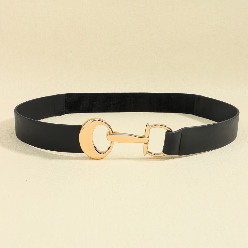 Cintura da donna con fibbia a ferro di cavallo, semplice cintura in pelle - Nero/Oro - Piccolo: Lunghezza: 22,64"/ 57,5 cm (elastico/può allungarsi) - image 5