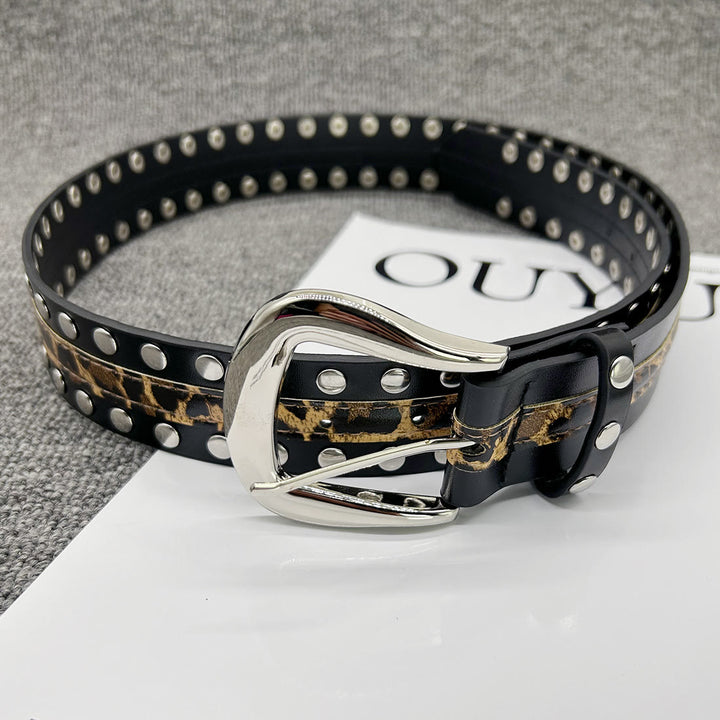 Cintura da donna con stampa leopardata e cintura in pelle con rivetti - Nero - 34 - image 0
