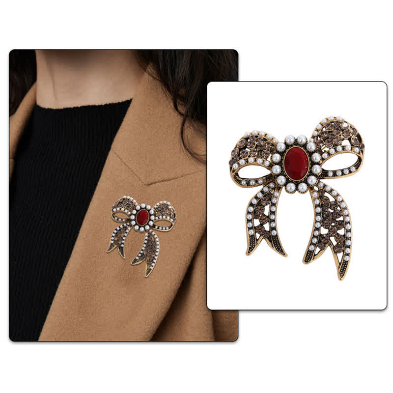 Spilla a fiocco con perle di cristallo rosso grande da donna - image 1